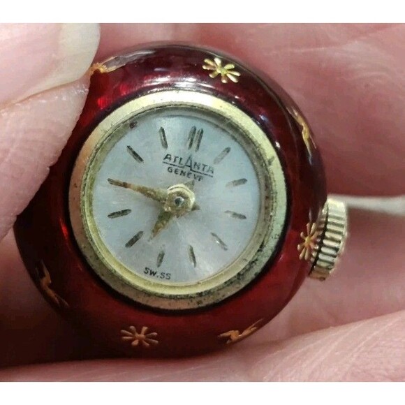 Atlanta Geneve Pendant Watch Swiss-made Orb Red Enamel Hand-painted Gold Birds - Picture 10 of 11